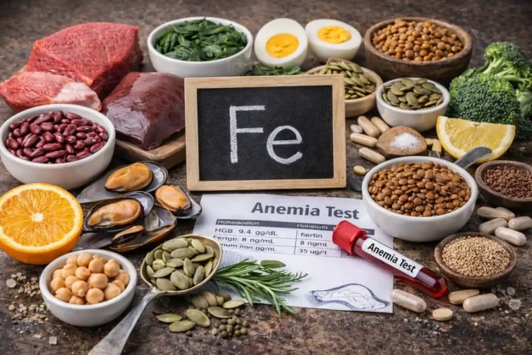 Aliments riches en fer et tube de prise de sang pour illustrer la carence en fer, avec viande rouge, foie, moules, lentilles, graines et agrumes