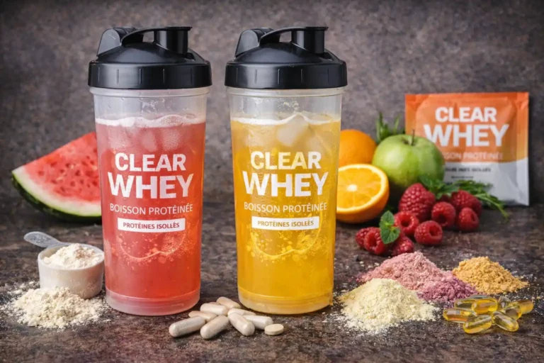 Boissons clear whey fruitées en shaker transparent avec poudre protéinée, fruits frais et compléments sur fond sombre