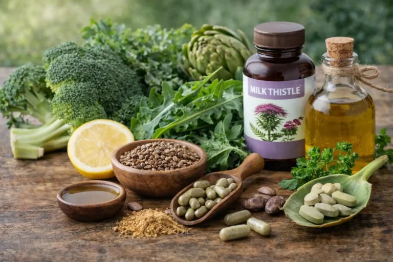 Aliments et plantes pour soutenir la santé du foie avec brocoli, artichaut, roquette, citron, chardon-Marie et compléments naturels sur table rustique