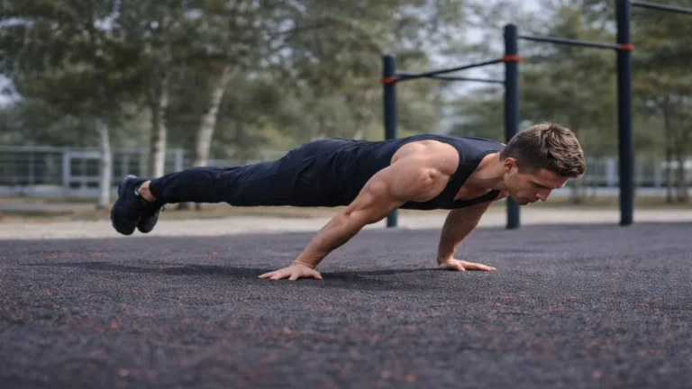 Athlète réalisant une full planche en callisthénie en extérieur, corps horizontal bras tendus en appui au sol