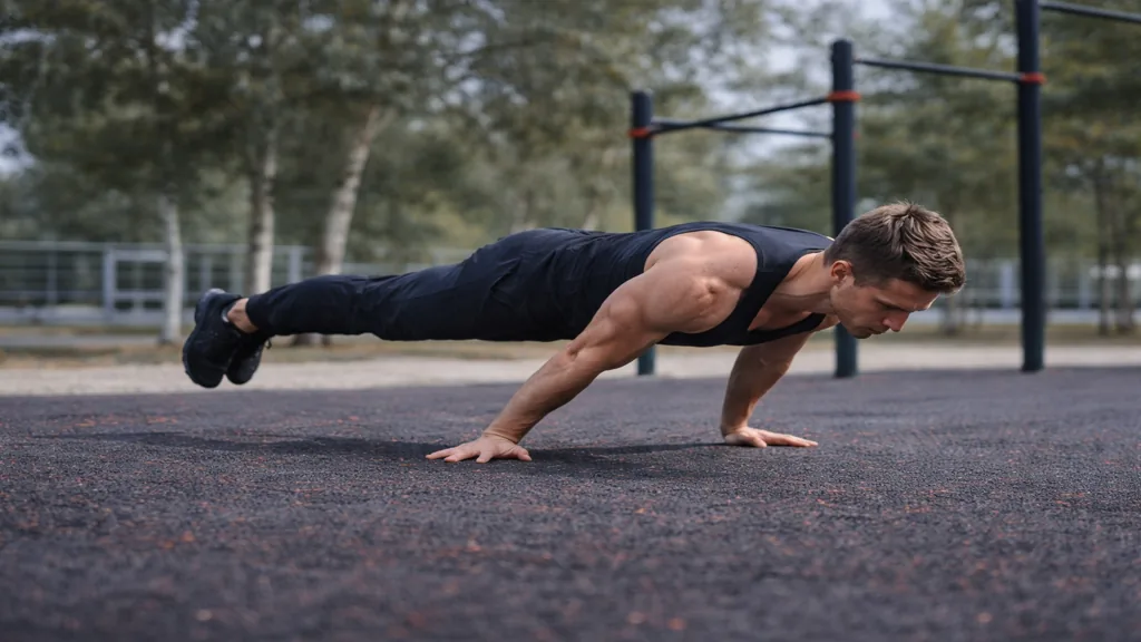 Athlète réalisant une full planche en callisthénie en extérieur, corps horizontal bras tendus en appui au sol