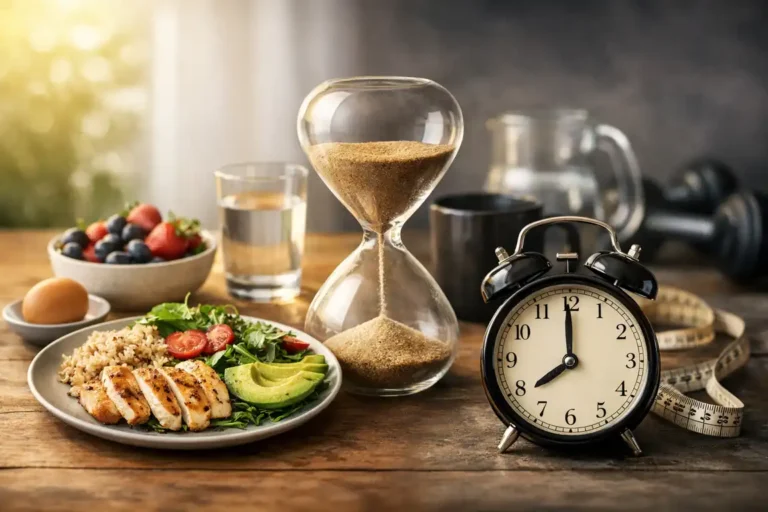 Jeûne intermittent : repas sain, verre d’eau, sablier et réveil illustrant le principe du fasting pour débuter sans erreur