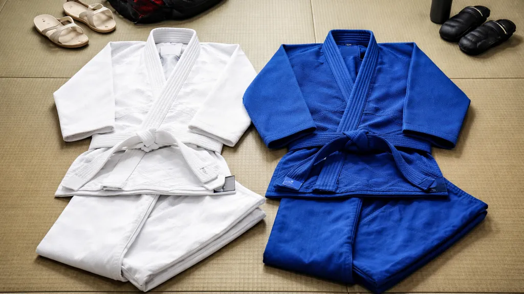 Deux judogis (kimono de judo) blanc et bleu posés sur un tatami dans un dojo, prêts pour l’entraînement.