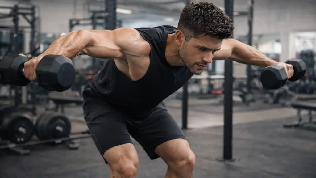 Homme réalisant l’exercice oiseau (rear delt fly) buste penché avec haltères en salle de sport, ciblant l’arrière d’épaule.
