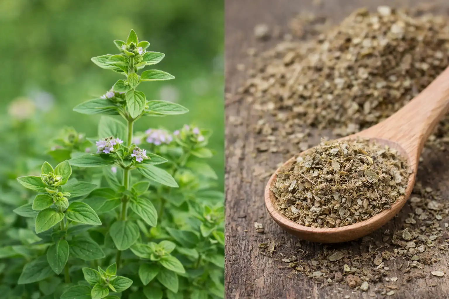 Plant d’origan frais en fleur et origan séché dans une cuillère en bois sur fond rustique