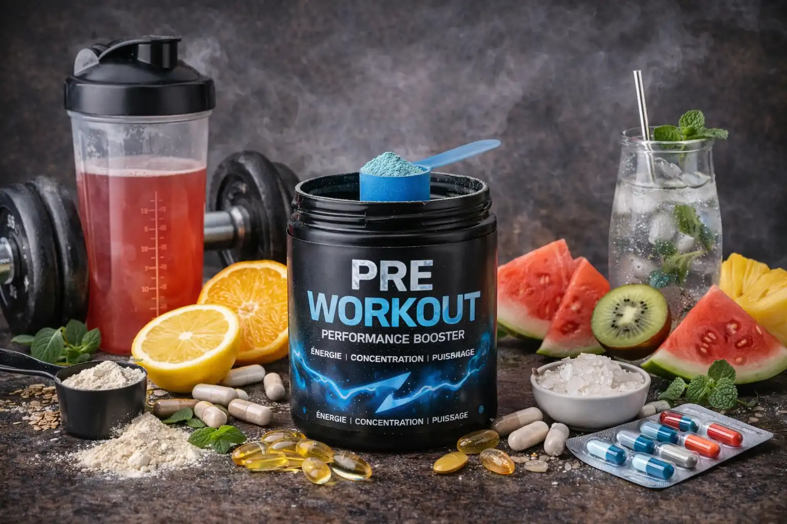 Complément pre workout en pot avec shaker, agrumes, poudre, gélules et haltère sur fond sombre de nutrition sportive