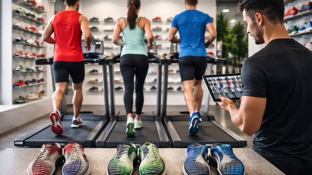 Analyse de foulée sur tapis en magasin de running : coureurs observés par un conseiller avec tablette, chaussures usées au premier plan.