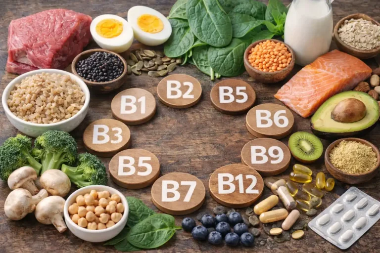 Aliments riches en vitamines B avec viande, saumon, œufs, légumineuses, céréales complètes, épinards et compléments sur table rustique