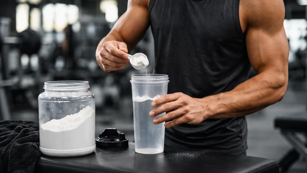 Sportif en salle de musculation préparant un shaker de créatine avant une séance de performance sportive.