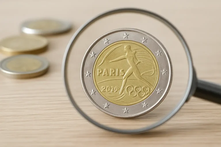 Pièce de 2 euros commémorative Jeux Olympiques 2024 avec loupe de numismate
