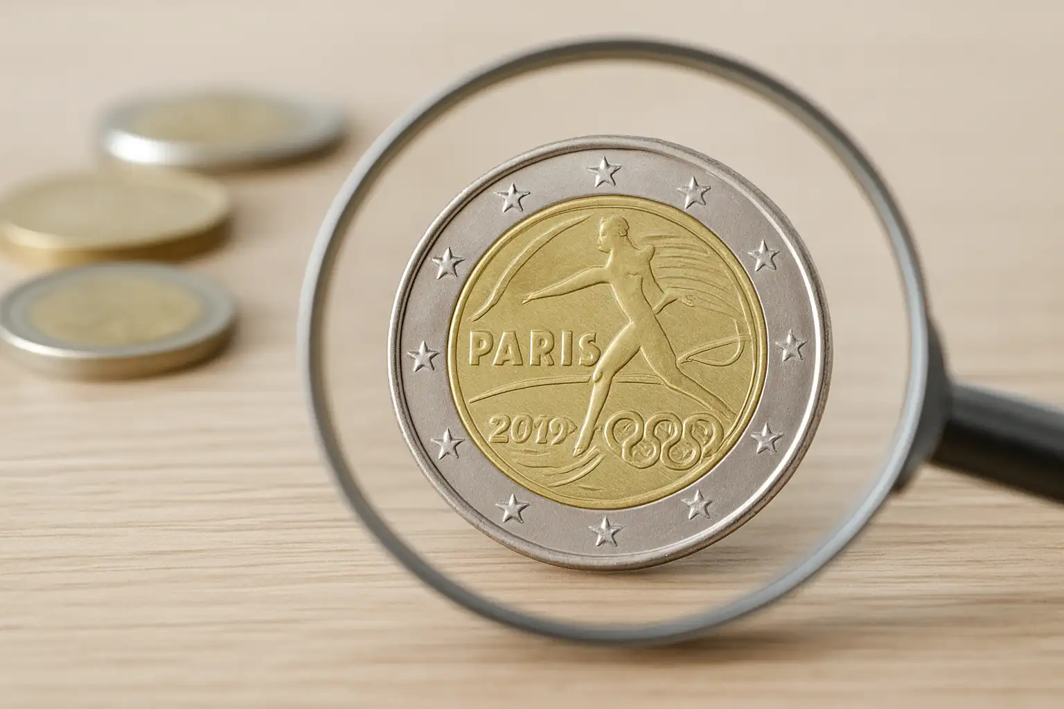 Pièce de 2 euros commémorative Jeux Olympiques 2024 avec loupe de numismate