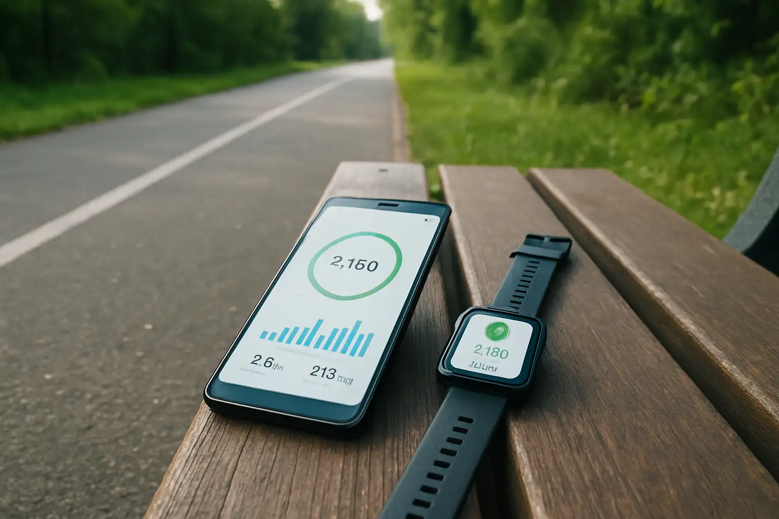 Smartphone et montre connectée posés sur un banc près d’un chemin de marche pour illustrer la conversion de 20 000 pas en km