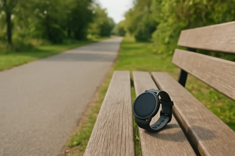 Podomètre sur un banc près d’un chemin de marche pour illustrer 5000 pas en km