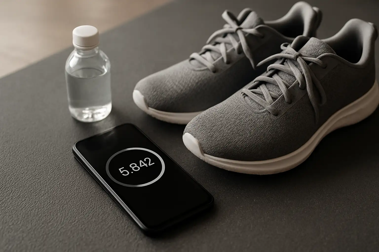 Smartphone affichant un compteur de pas à côté de baskets, illustrant la conversion de 6000 pas en kilomètres