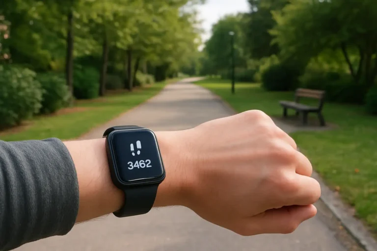 Illustration réaliste d’un suivi de marche avec 8000 pas et une distance en kilomètres