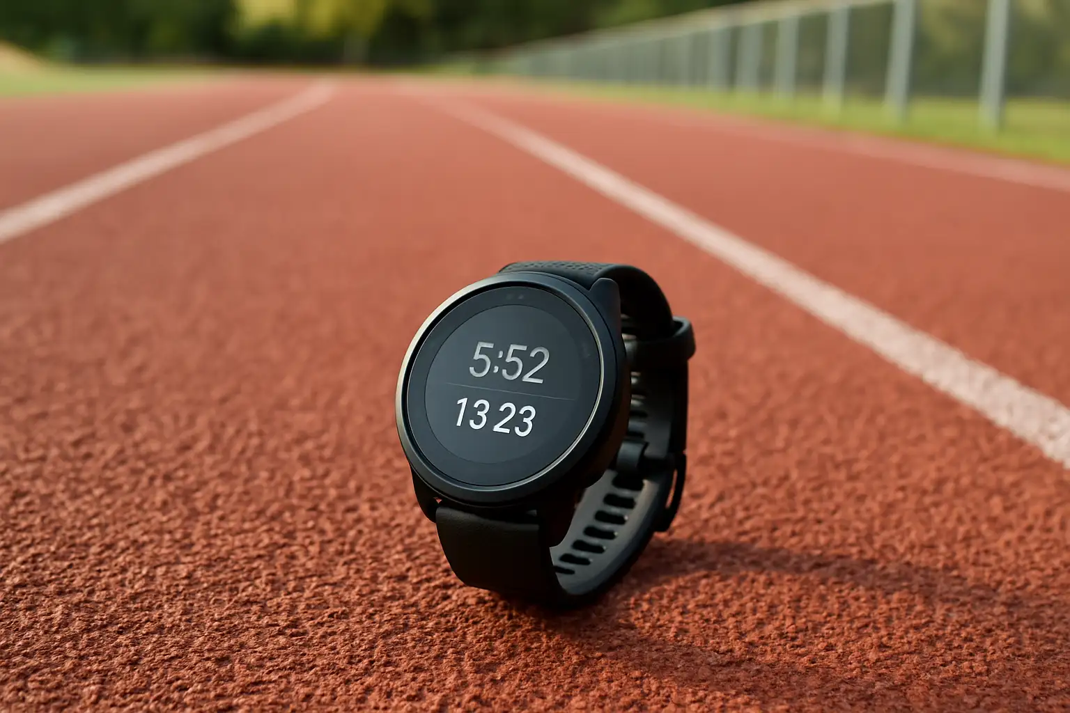 Montre de sport affichant une allure de course à pied sur une piste