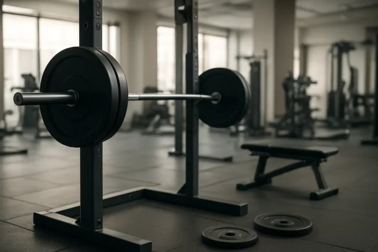 Barre de musculation sur un rack pour back squat dans une salle de sport