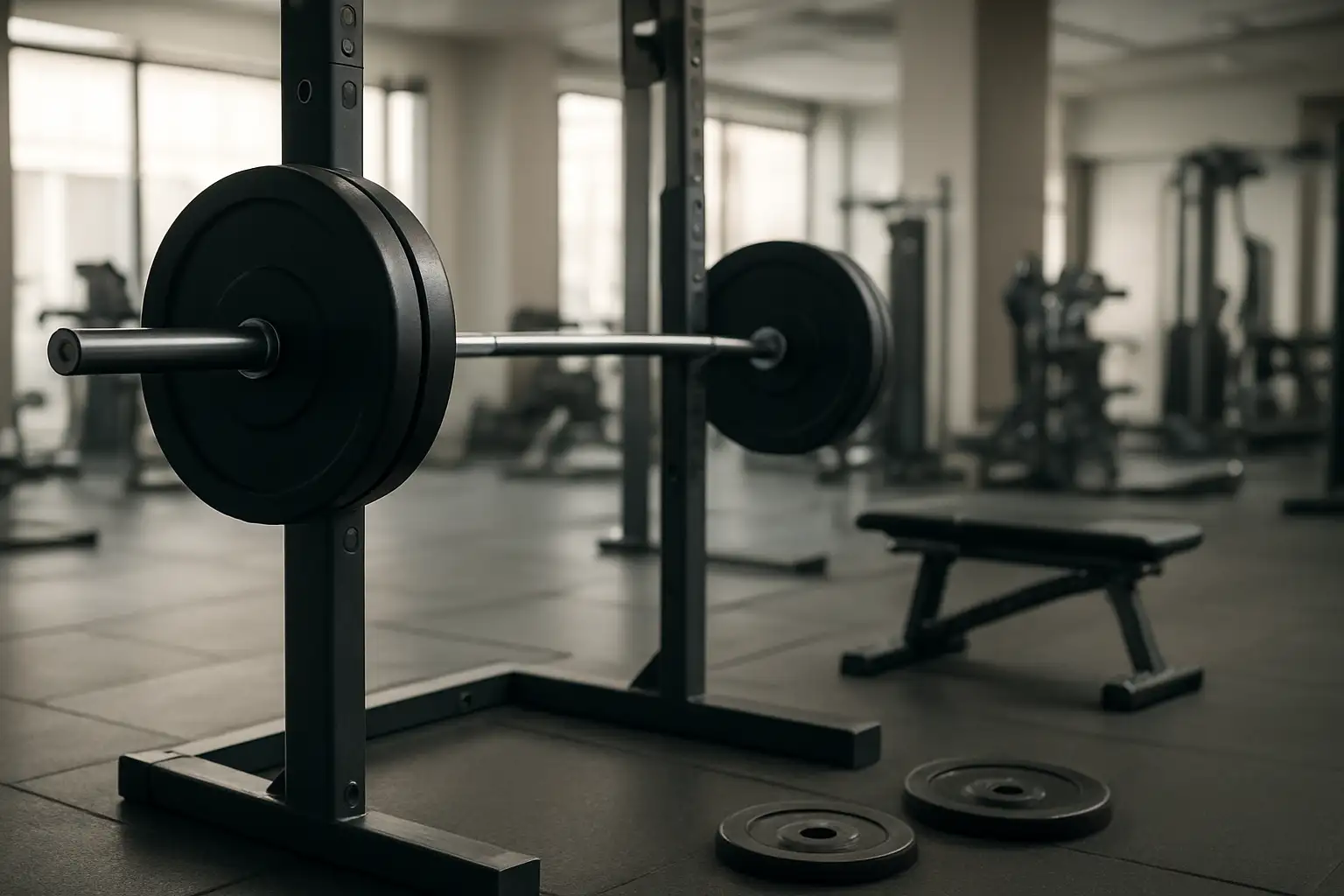 Barre de musculation sur un rack pour back squat dans une salle de sport