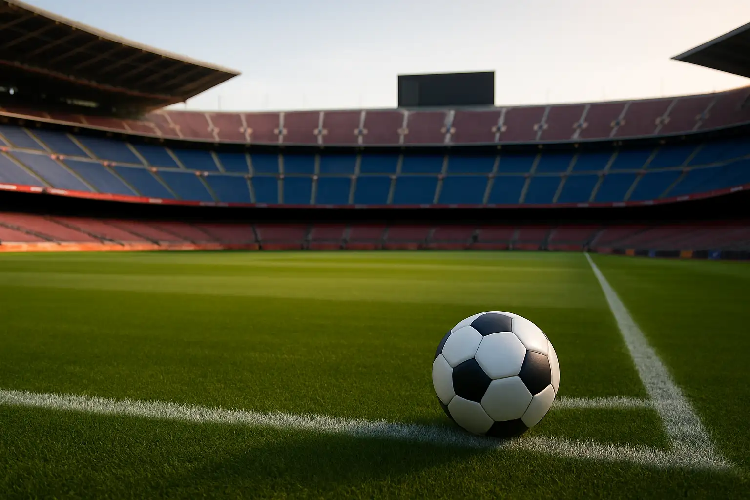 Scène réaliste de football évoquant Carles Puyol et le FC Barcelone, avec un ballon près de la surface dans un stade moderne