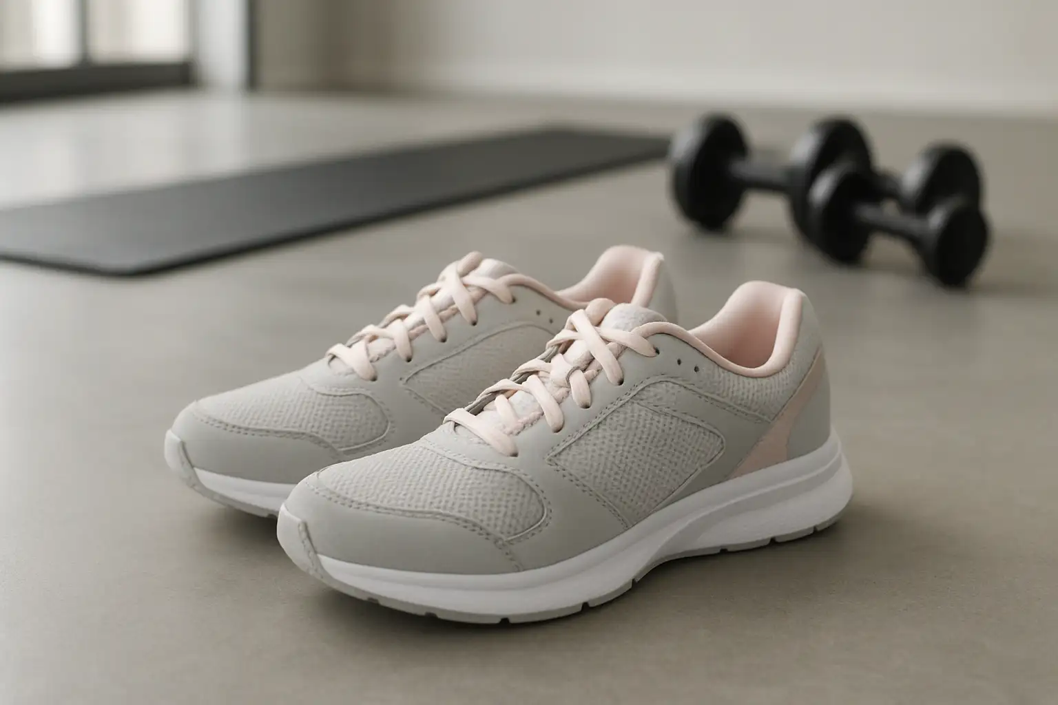 Paire de basket fitness femme posée dans une salle de sport moderne avec tapis et haltères en arrière-plan