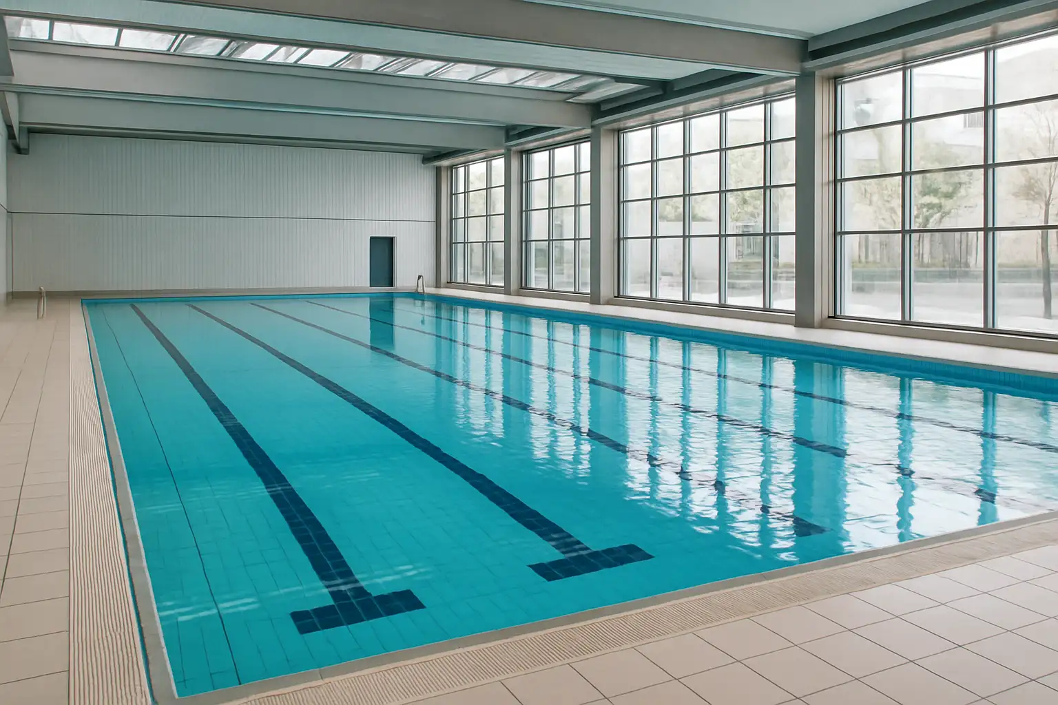 Piscine municipale parisienne avec bassin de natation intérieur, ambiance sportive et moderne