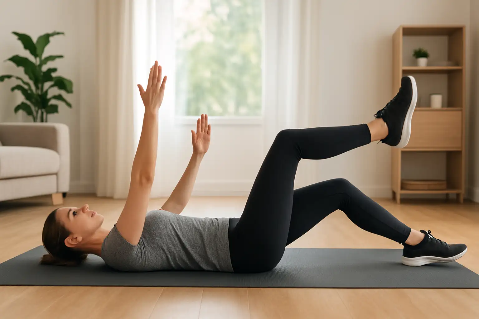 Personne réalisant un dead bug abdos sur tapis de sport