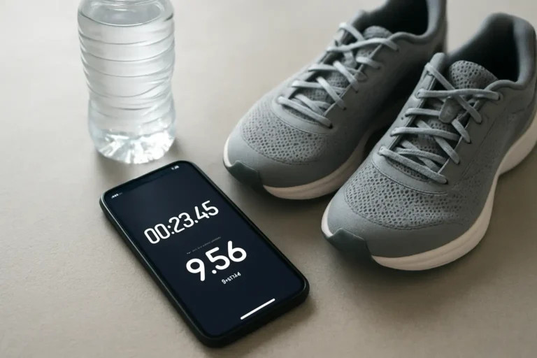 Smartphone affichant des données de vitesse en km/h à côté d’équipements de sport