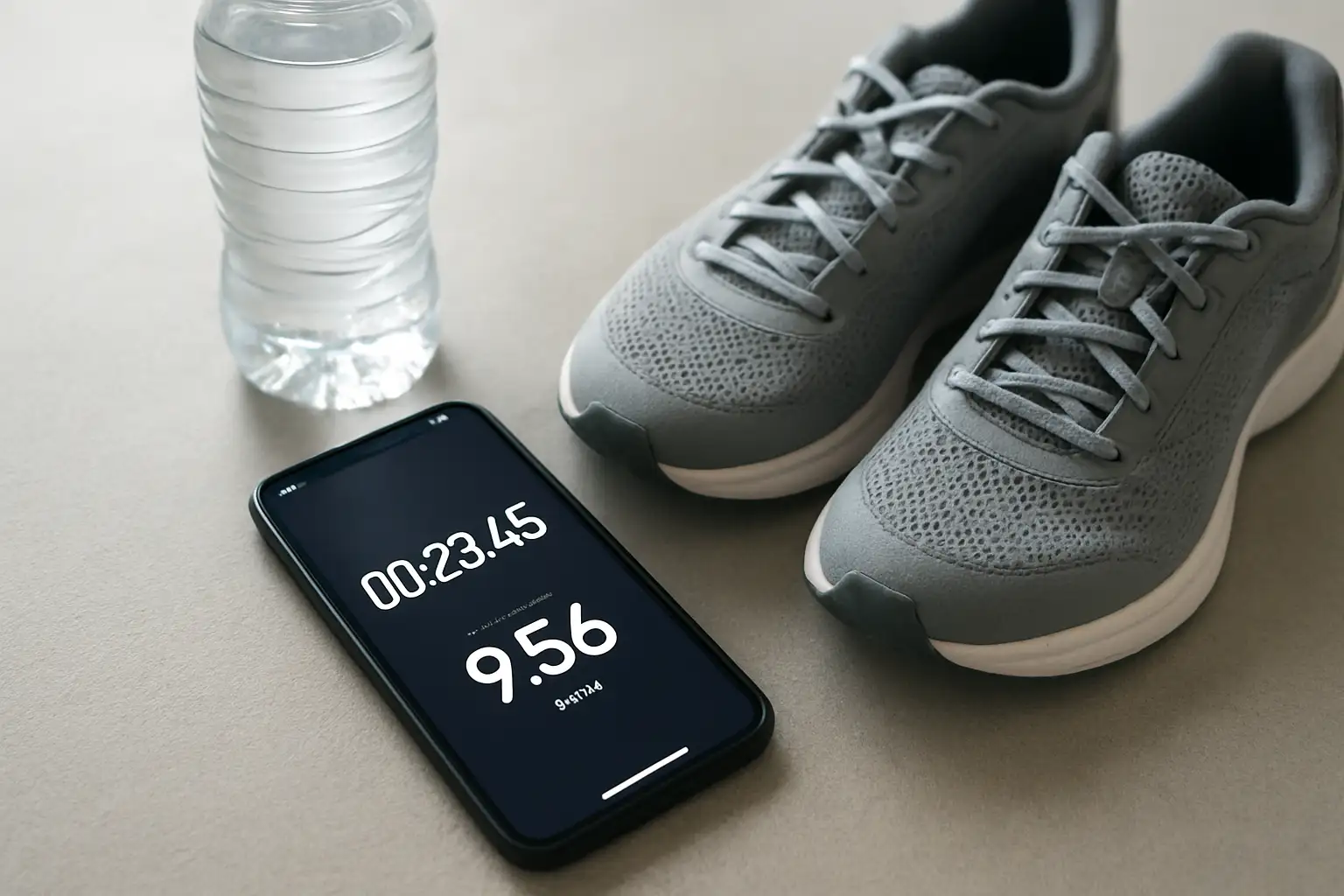 Smartphone affichant des données de vitesse en km/h à côté d’équipements de sport