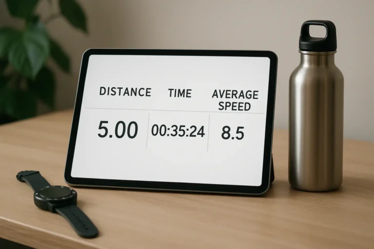 Écran affichant un calcul de vitesse moyenne avec accessoires de sport