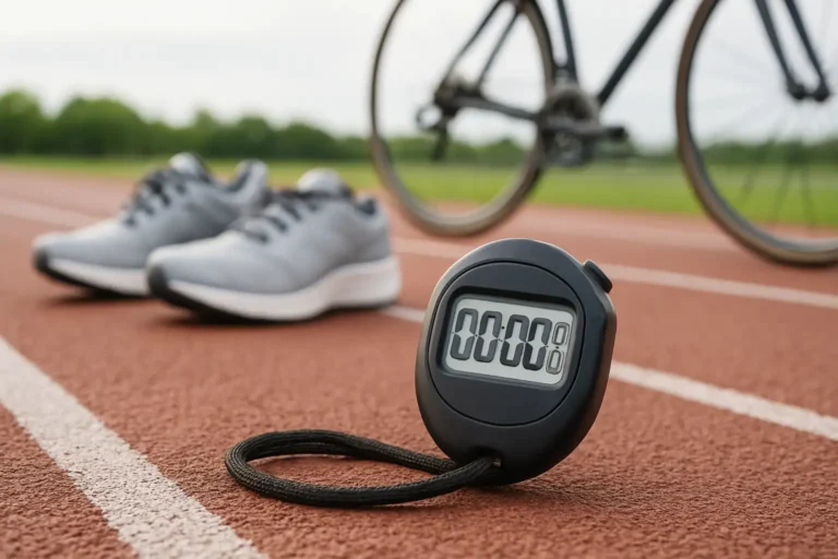 Illustration réaliste du calcul d’une vitesse dans un contexte sportif avec chronomètre et équipement d’entraînement