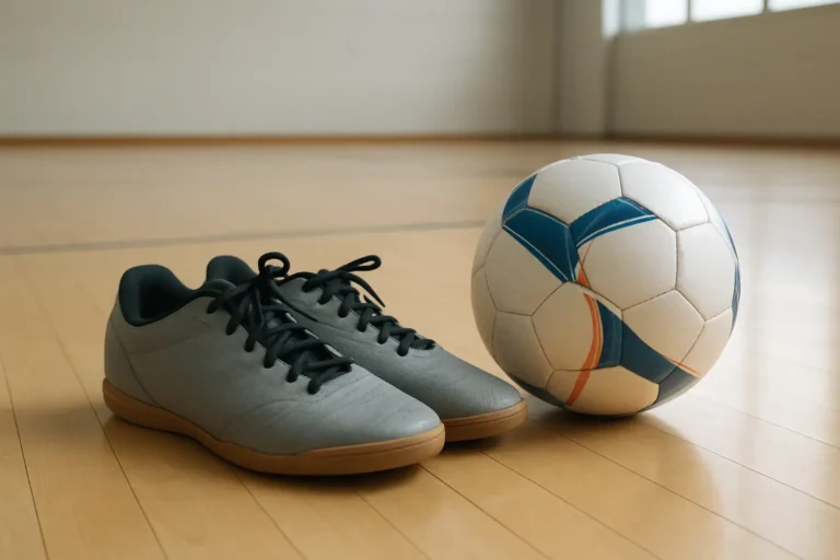 Chaussures de foot salle posées sur un sol indoor avec un ballon de futsal