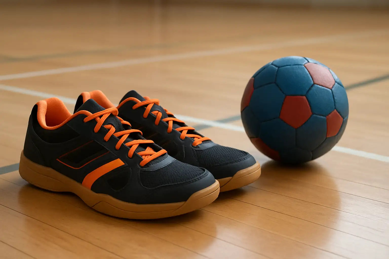 Chaussures de handball indoor posées sur un parquet de gymnase avec un ballon
