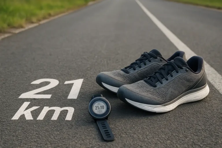 Chaussures de running et montre GPS près d’une piste, illustrant la distance d’un semi-marathon