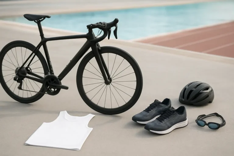 Équipement de triathlon avec vélo, chaussures, lunettes de natation et casque pour illustrer les distances de triathlon