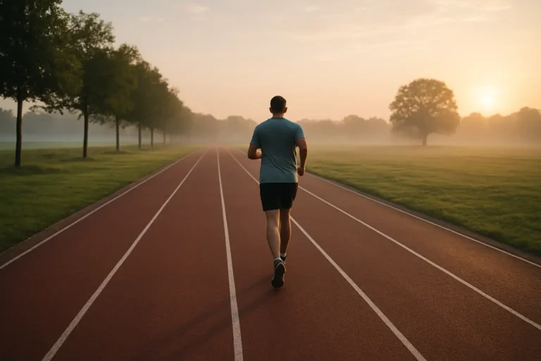 Coureur en endurance fondamentale sur un parcours calme, image réaliste de sport