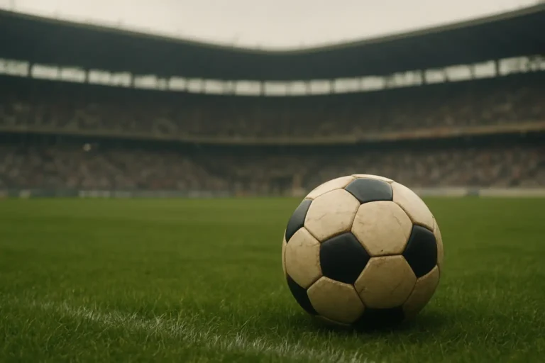 Ballon de football vintage sur la pelouse d’un stade évoquant l’équipe de France 98