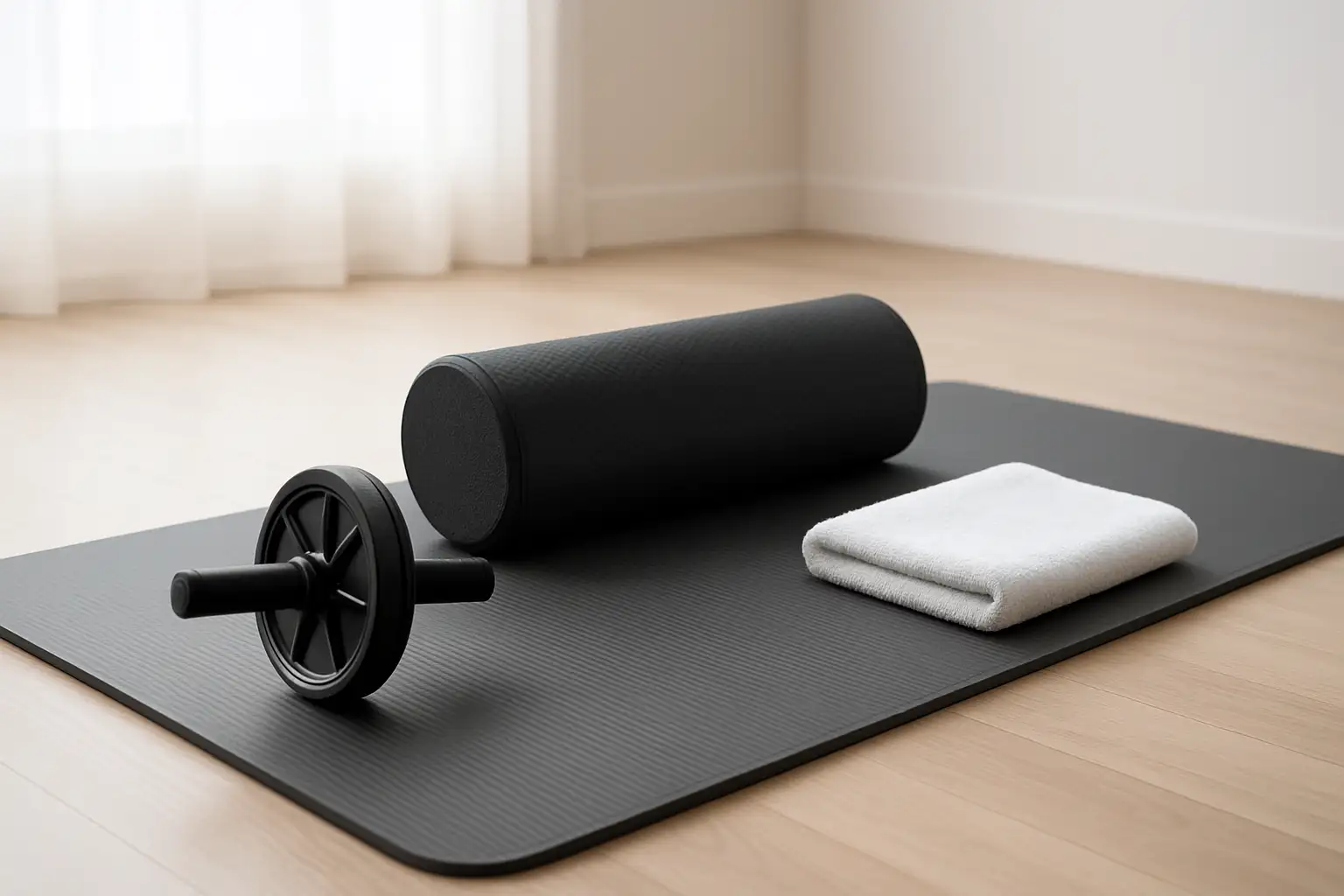 Tapis de sport et accessoires pour exercices abdos dans un intérieur lumineux