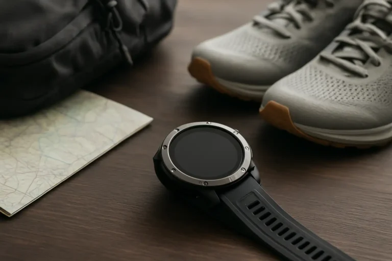 Montre multisport premium posée à côté d’un équipement de trail pour illustrer la Fenix 8 Pro
