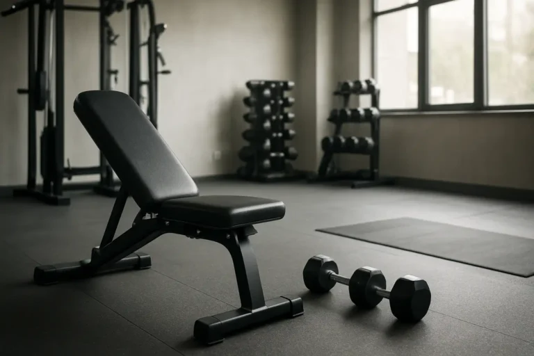 Salle de sport avec banc et haltères pour illustrer la fente bulgare
