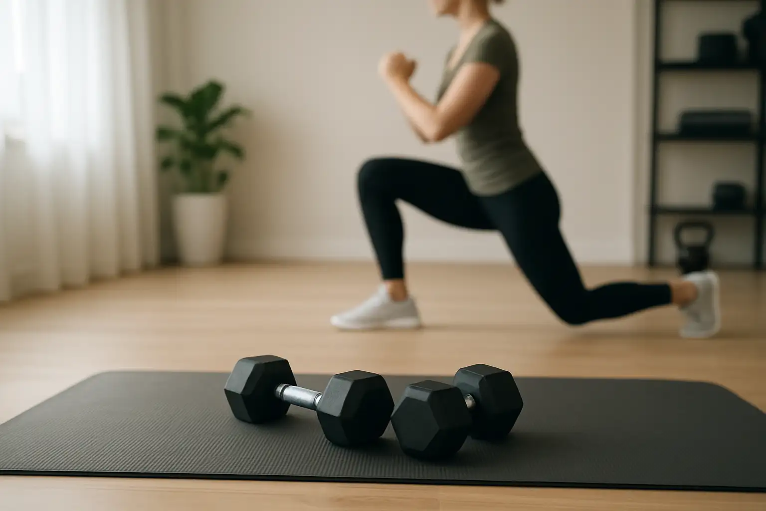Personne réalisant des fentes dans un espace de fitness moderne avec haltères au sol