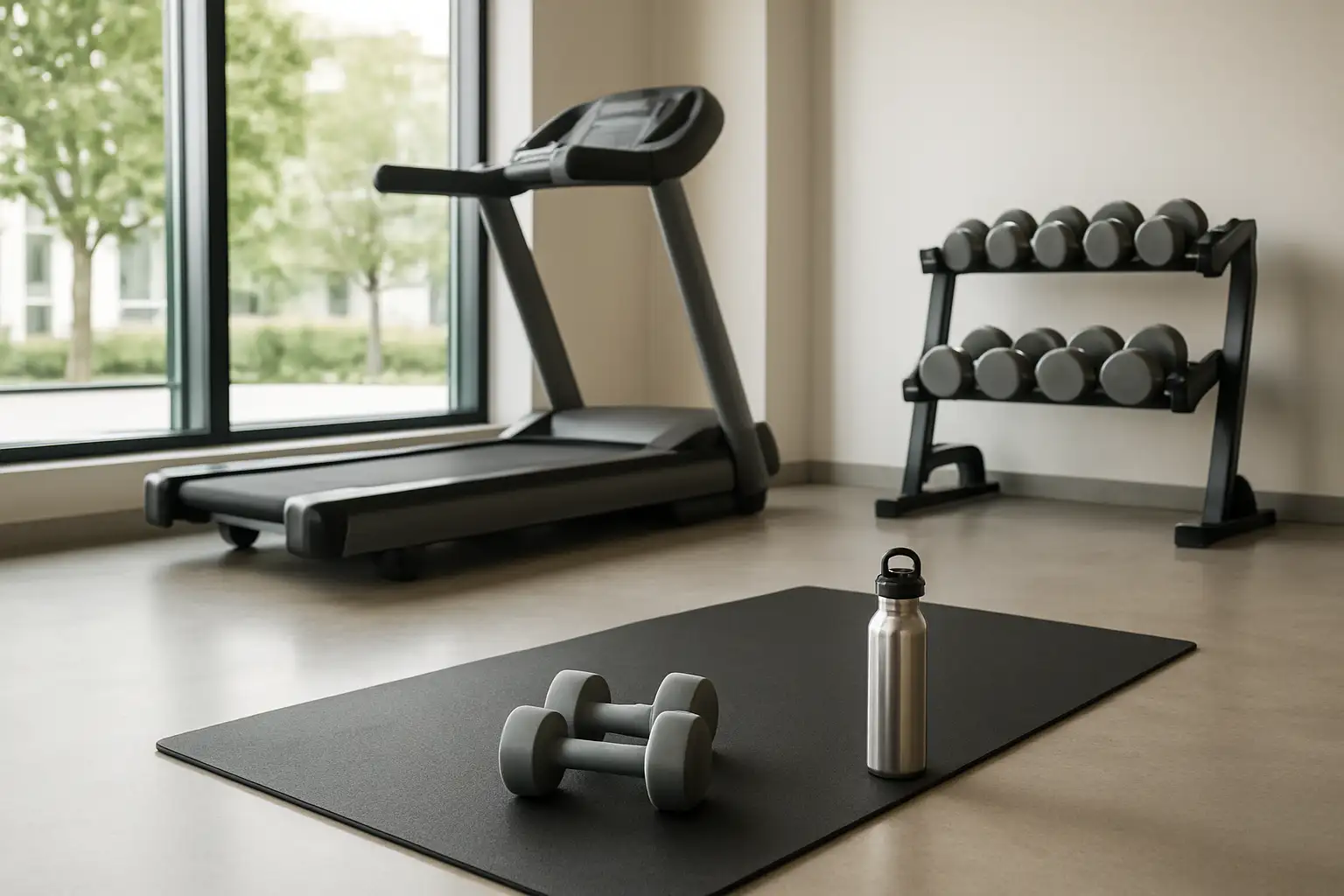 Salle de sport moderne avec tapis, haltères et gourde dans l’univers fitness girl