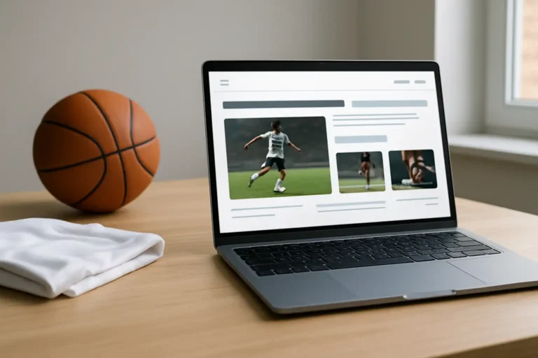Ordinateur portable affichant un site de sport générique avec des accessoires sportifs en arrière-plan
