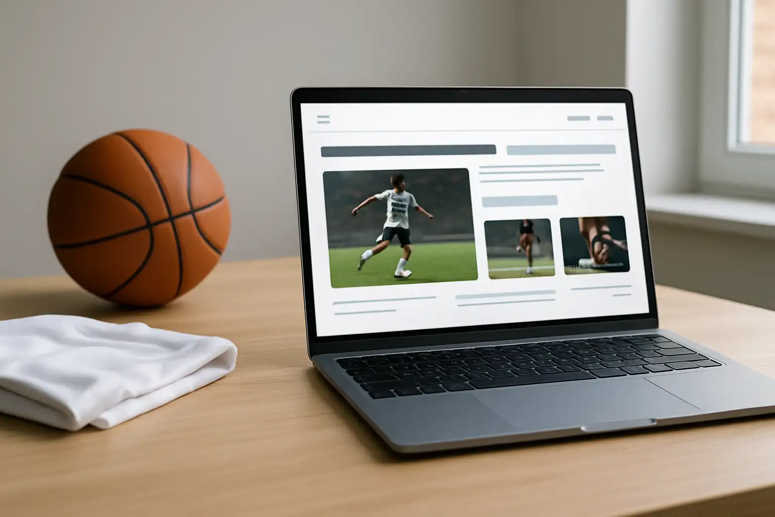 Ordinateur portable affichant un site de sport générique avec des accessoires sportifs en arrière-plan