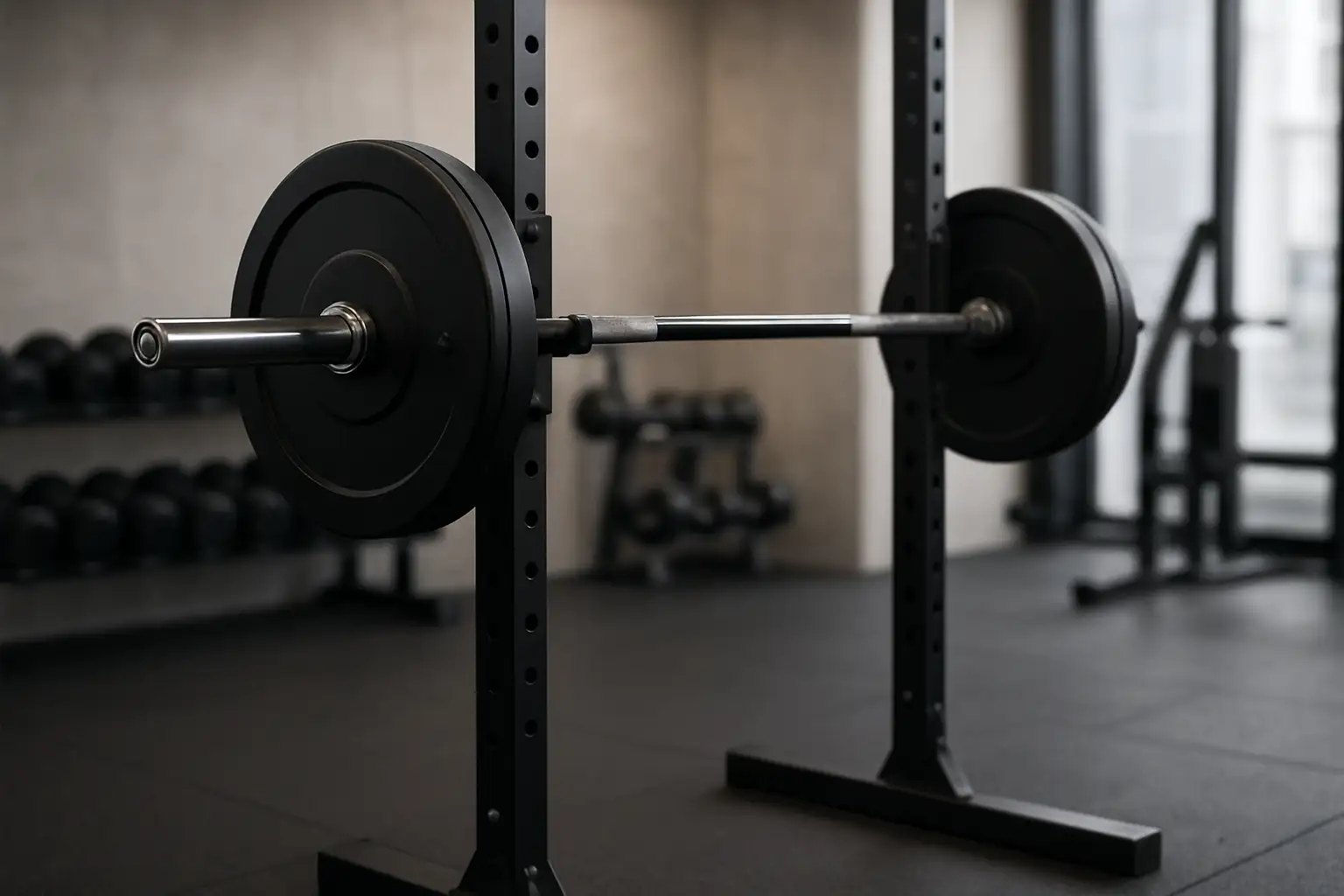 Barre de musculation prête pour un front squat dans une salle de sport moderne