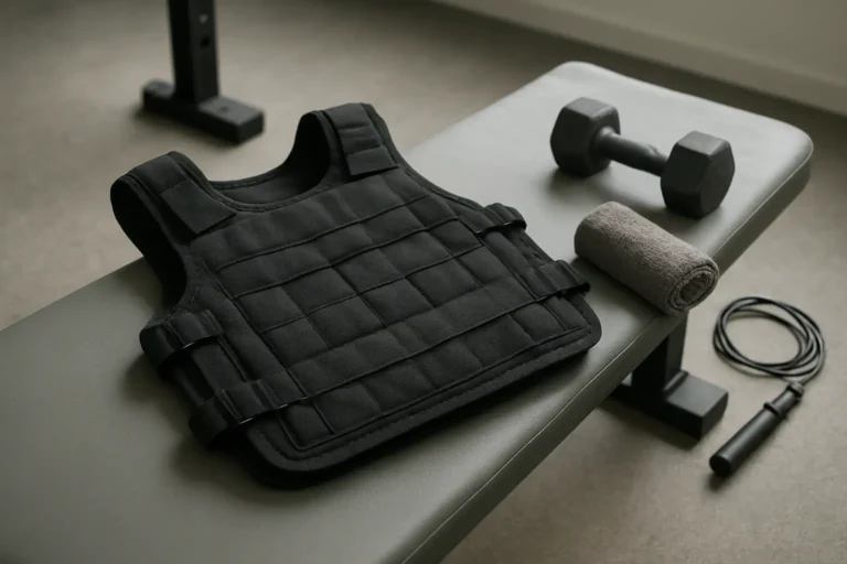 Gilet lesté posé sur un banc de salle de sport