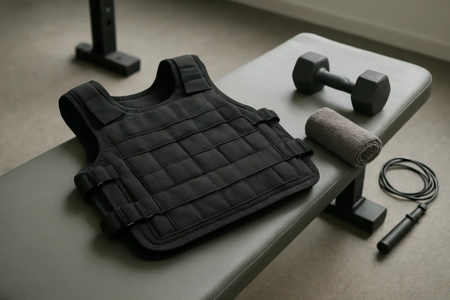 Gilet lesté posé sur un banc de salle de sport