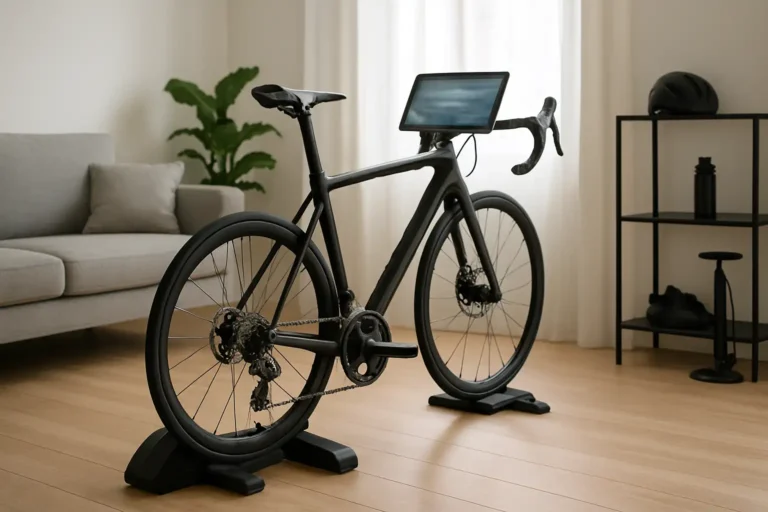 Home trainer connecté installé dans une pièce de sport avec vélo et écran d’entraînement