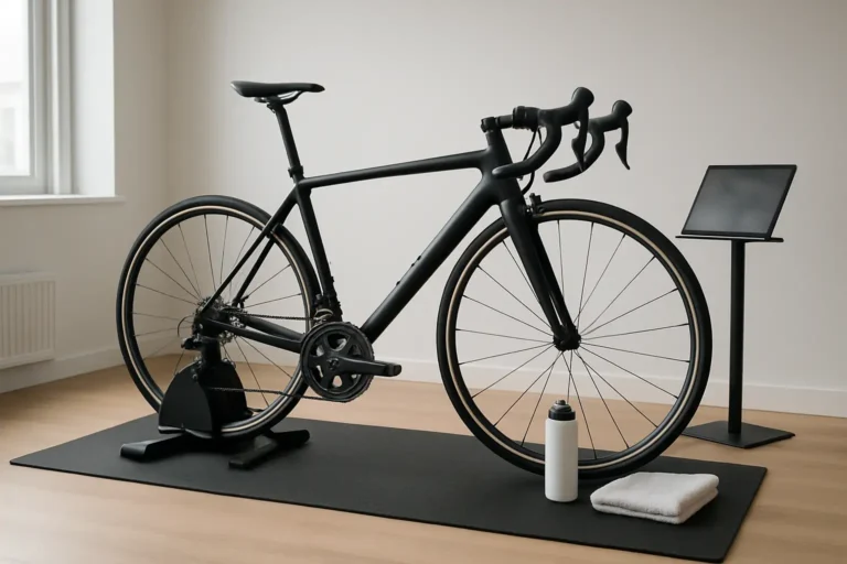 Vélo installé sur un home trainer Zwift dans une pièce d’entraînement indoor