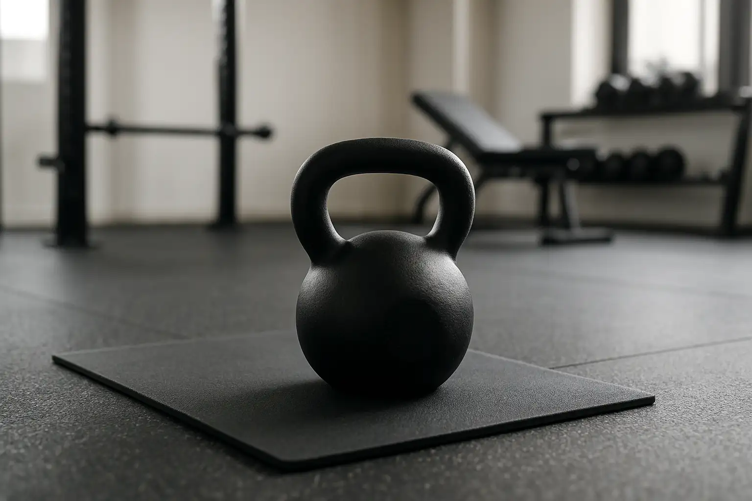 Kettlebell noire posée dans une salle de sport moderne