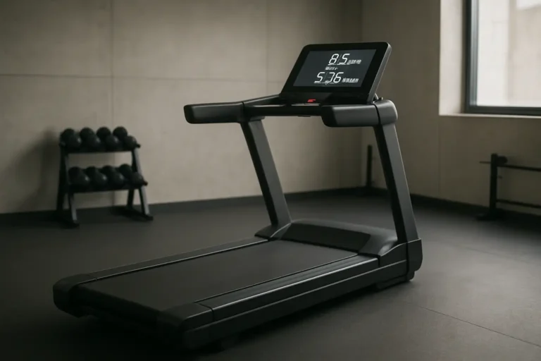 Tapis de course affichant une vitesse en km/h et une allure en min/km
